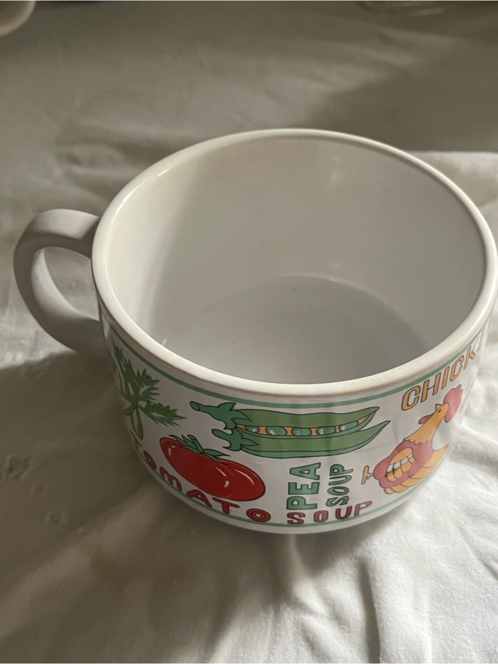 White Ceramic Soup Mug with Colorful Vegetable Graphics
